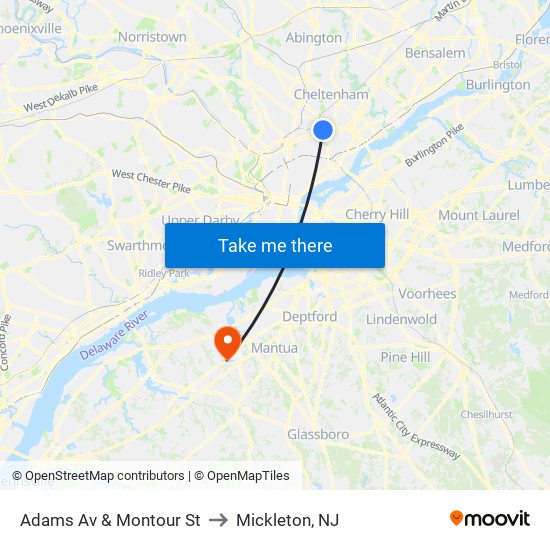 Adams Av & Montour St to Mickleton, NJ map