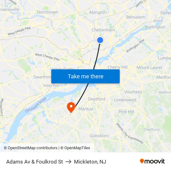 Adams Av & Foulkrod St to Mickleton, NJ map