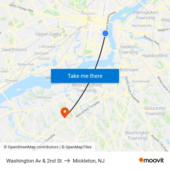 Washington Av & 2nd St to Mickleton, NJ map
