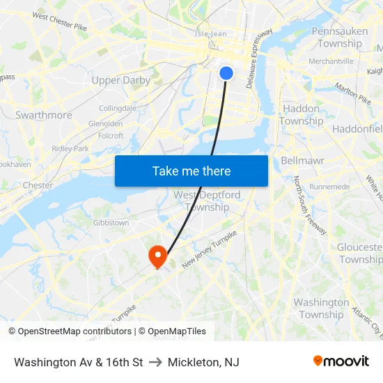 Washington Av & 16th St to Mickleton, NJ map