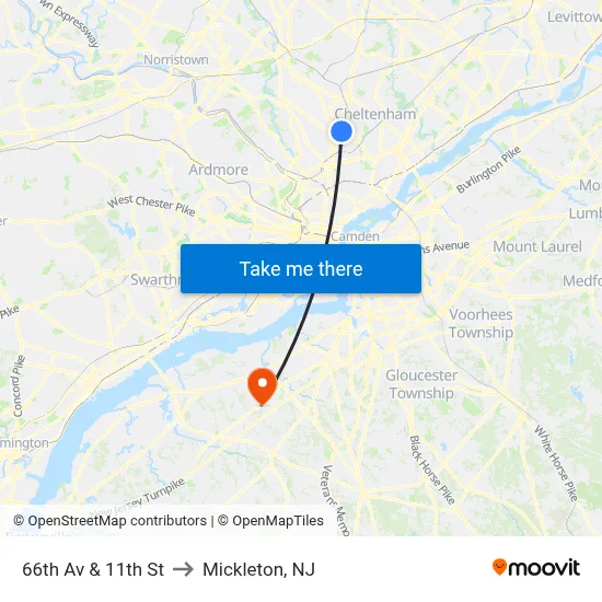 66th Av & 11th St to Mickleton, NJ map