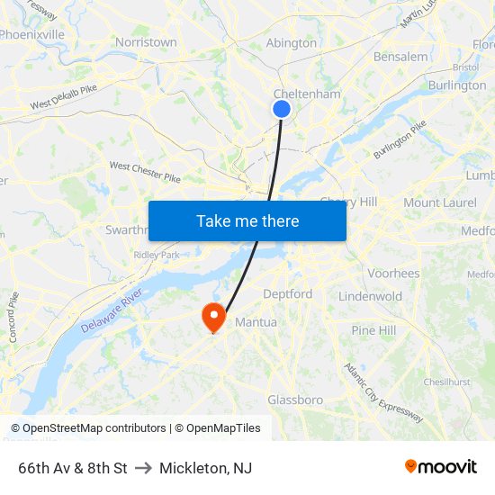 66th Av & 8th St to Mickleton, NJ map