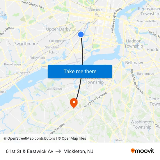 61st St & Eastwick Av to Mickleton, NJ map