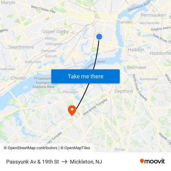 Passyunk Av & 19th St to Mickleton, NJ map
