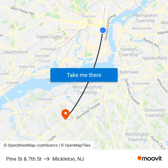 Pine St & 7th St to Mickleton, NJ map