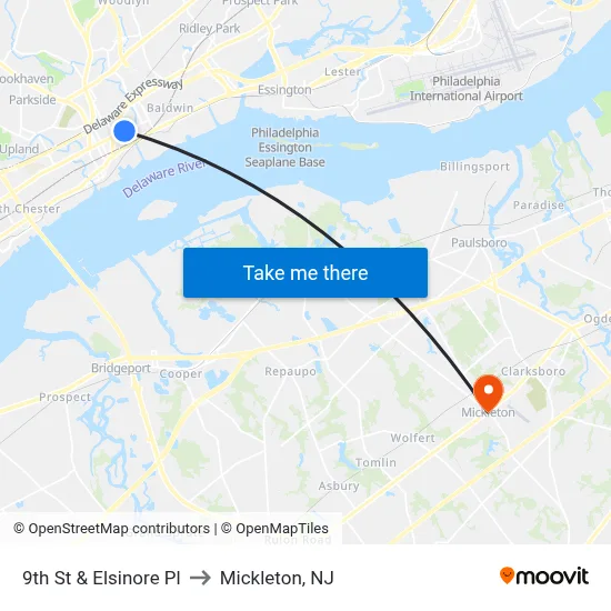 9th St & Elsinore Pl to Mickleton, NJ map