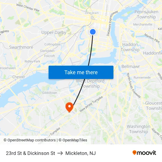 23rd St & Dickinson St to Mickleton, NJ map