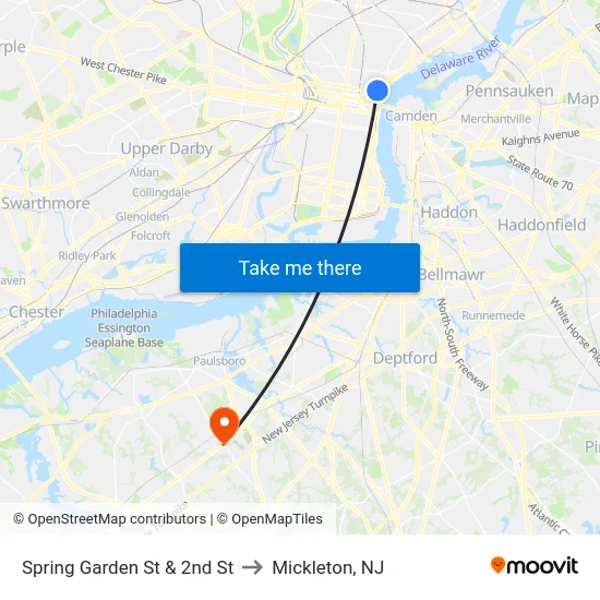 Spring Garden St & 2nd St to Mickleton, NJ map