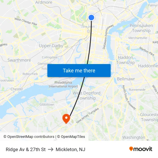 Ridge Av & 27th St to Mickleton, NJ map