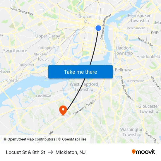 Locust St & 8th St to Mickleton, NJ map