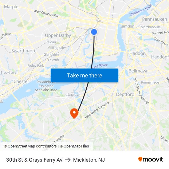 30th St & Grays Ferry Av to Mickleton, NJ map