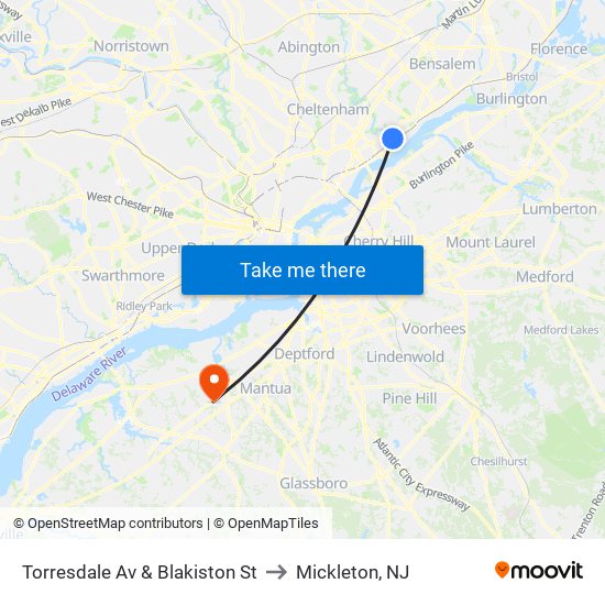 Torresdale Av & Blakiston St to Mickleton, NJ map