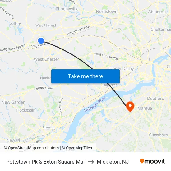 Pottstown Pk & Exton Square Mall to Mickleton, NJ map