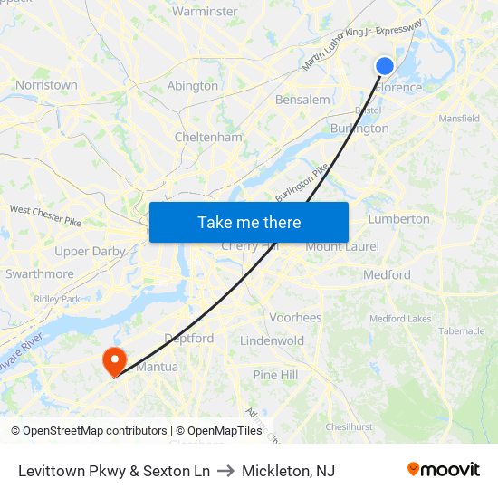 Levittown Pkwy & Sexton Ln to Mickleton, NJ map