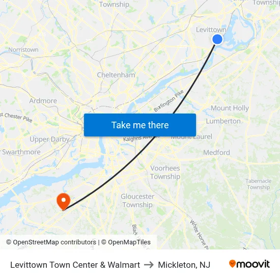Levittown Town Center & Walmart to Mickleton, NJ map