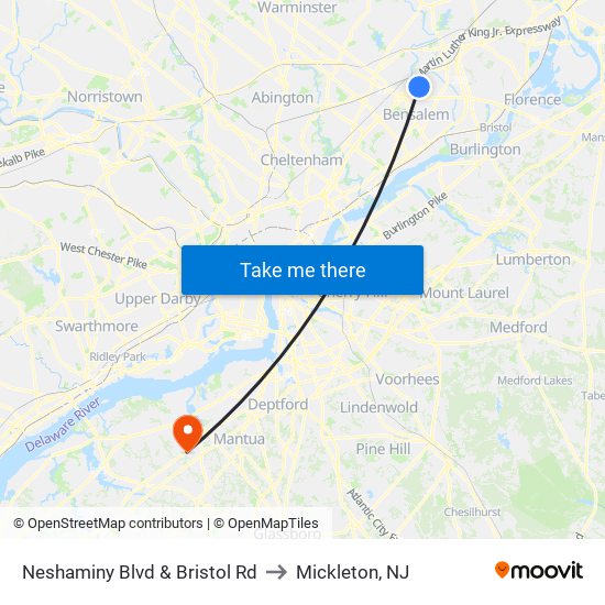 Neshaminy Blvd & Bristol Rd to Mickleton, NJ map