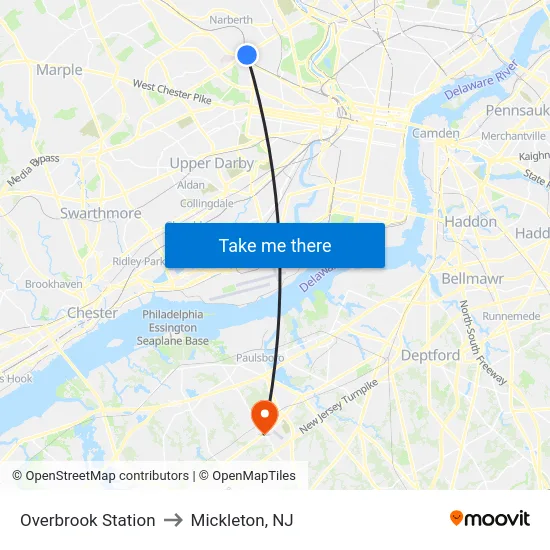Overbrook Station to Mickleton, NJ map