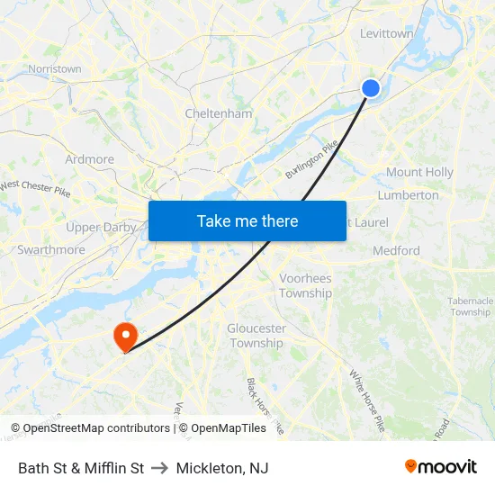 Bath St & Mifflin St to Mickleton, NJ map
