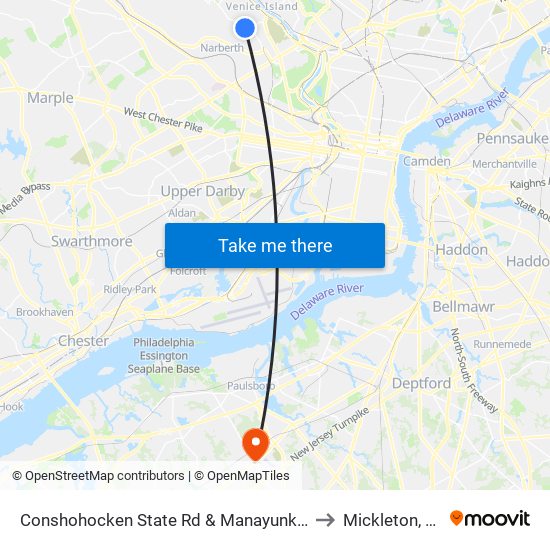 Conshohocken State Rd & Manayunk Rd to Mickleton, NJ map