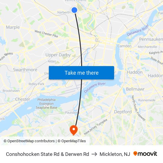 Conshohocken State Rd & Derwen Rd to Mickleton, NJ map