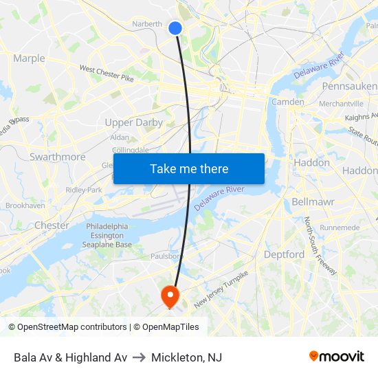 Bala Av & Highland Av to Mickleton, NJ map