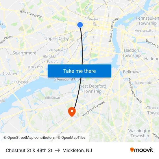 Chestnut St & 48th St to Mickleton, NJ map