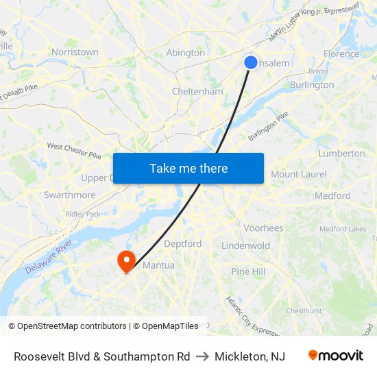 Roosevelt Blvd & Southampton Rd to Mickleton, NJ map