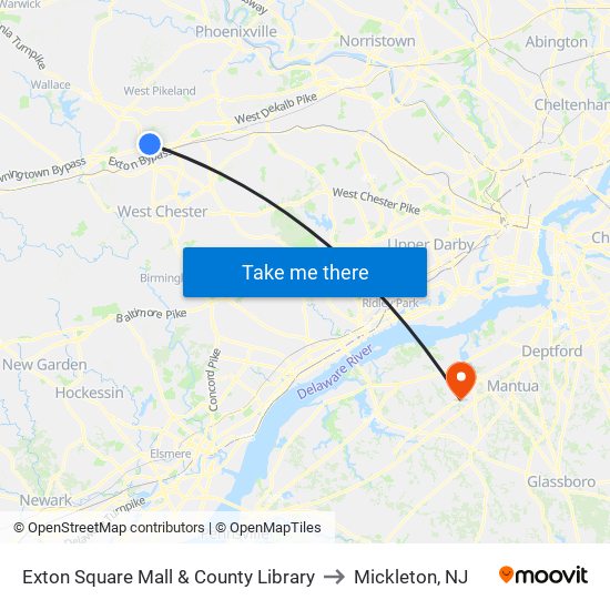 Exton Square Mall & County Library to Mickleton, NJ map