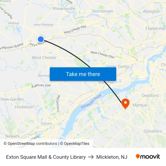 Exton Square Mall & County Library to Mickleton, NJ map