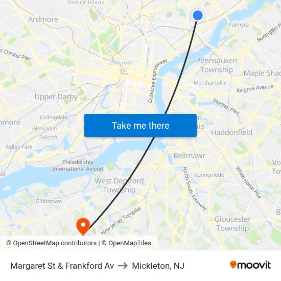 Margaret St & Frankford Av to Mickleton, NJ map