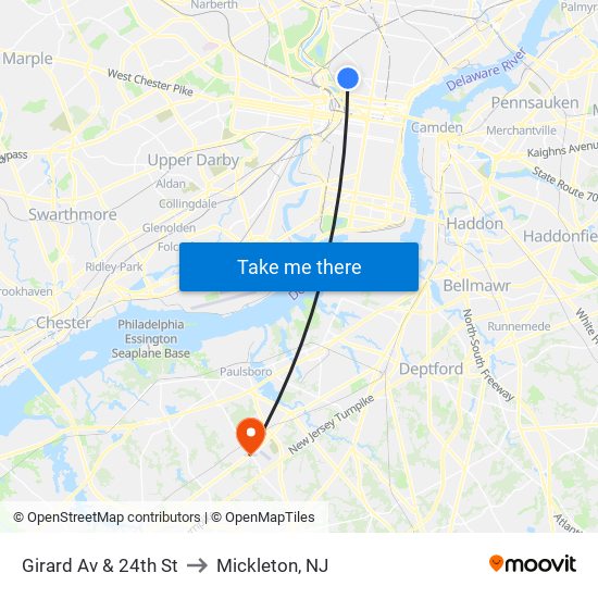 Girard Av & 24th St to Mickleton, NJ map