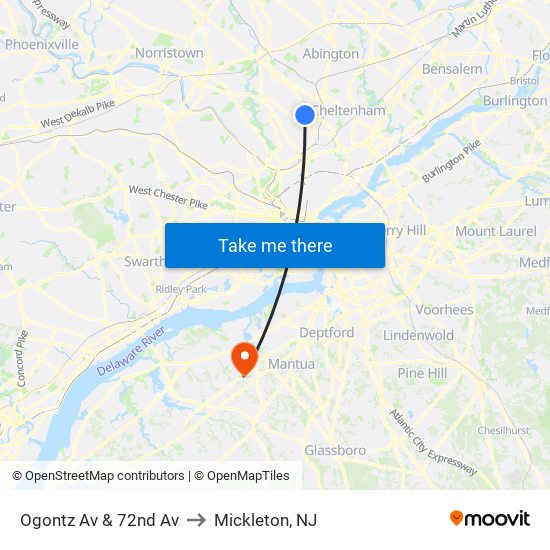 Ogontz Av & 72nd Av to Mickleton, NJ map