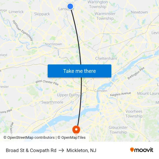 Broad St & Cowpath Rd to Mickleton, NJ map