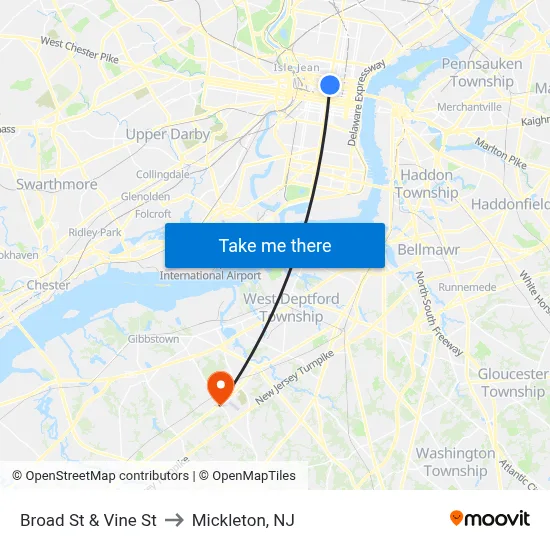 Broad St & Vine St to Mickleton, NJ map