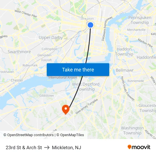 23rd St & Arch St to Mickleton, NJ map
