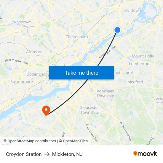 Croydon Station to Mickleton, NJ map
