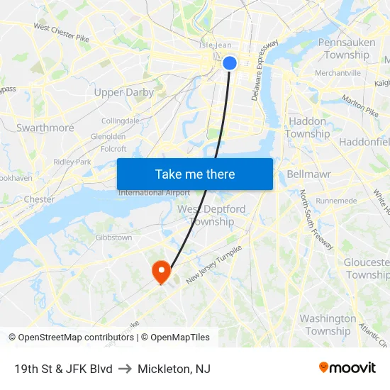 19th St & JFK Blvd to Mickleton, NJ map