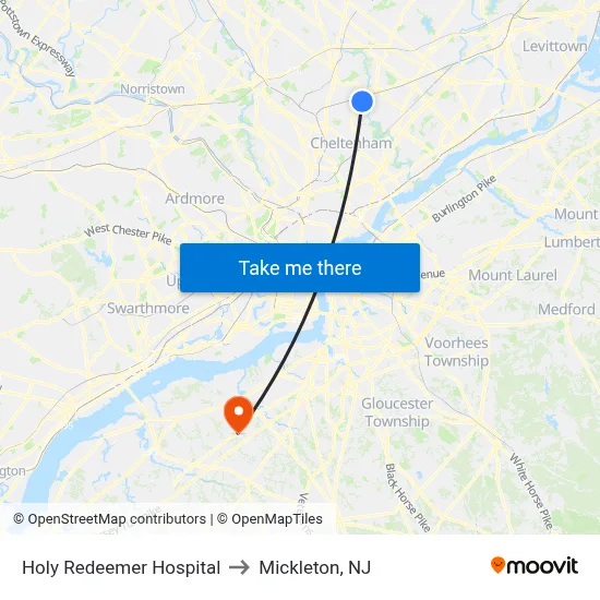 Holy Redeemer Hospital to Mickleton, NJ map