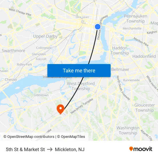 5th St & Market St to Mickleton, NJ map