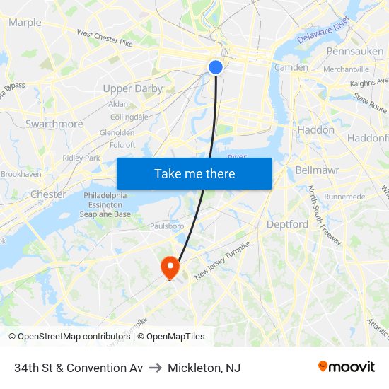 34th St & Convention Av to Mickleton, NJ map