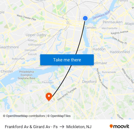 Frankford Av & Girard Av - Fs to Mickleton, NJ map