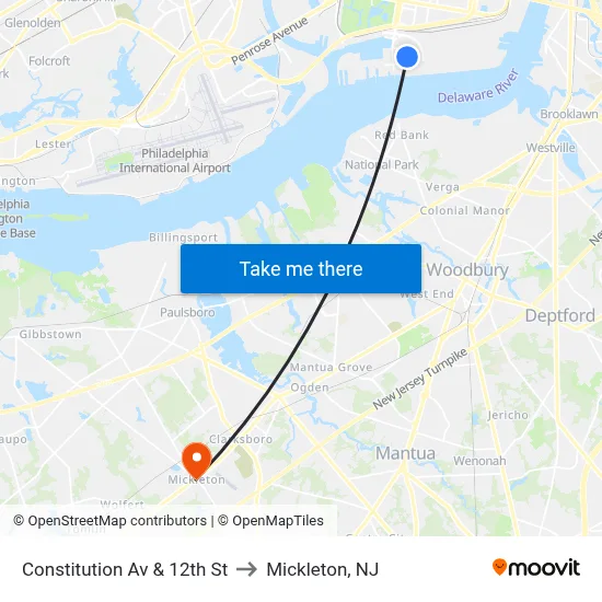 Constitution Av & 12th St to Mickleton, NJ map