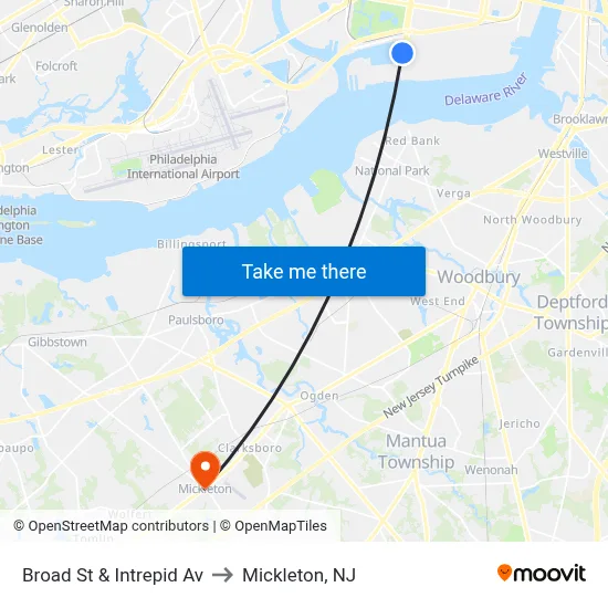 Broad St & Intrepid Av to Mickleton, NJ map