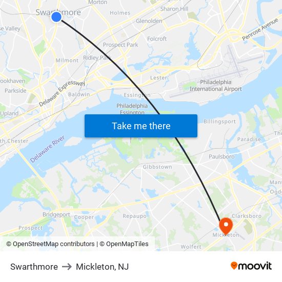 Swarthmore to Mickleton, NJ map