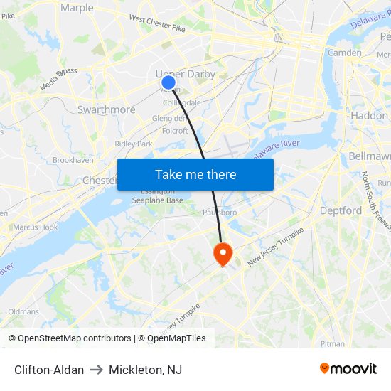 Clifton-Aldan to Mickleton, NJ map