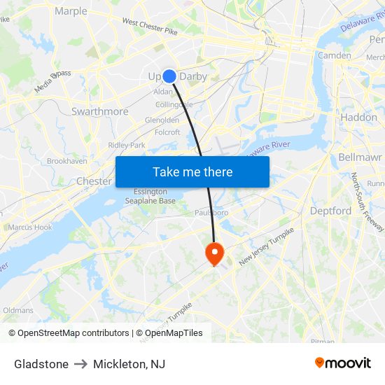 Gladstone to Mickleton, NJ map