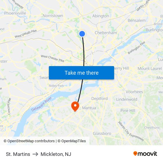 St. Martins to Mickleton, NJ map