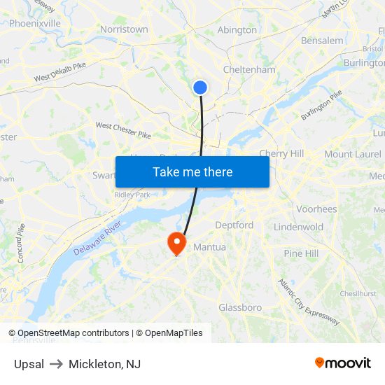 Upsal to Mickleton, NJ map