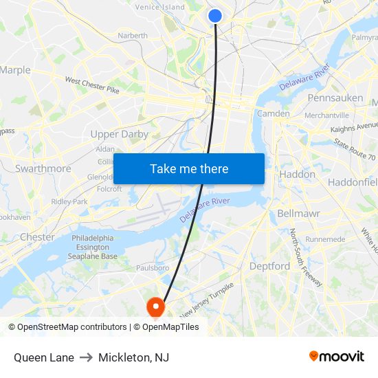 Queen Lane to Mickleton, NJ map