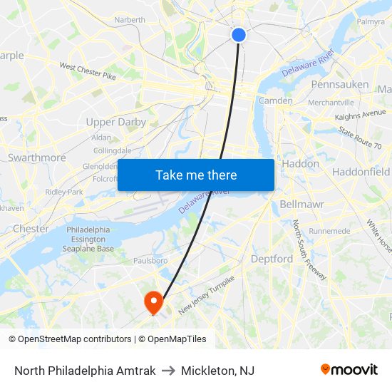 North Philadelphia Amtrak to Mickleton, NJ map